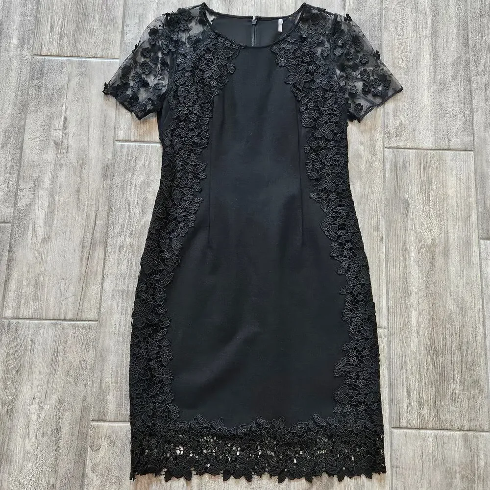 Elie Tahari Dress Womens 6 Yadira Lace Appliqué Sheath Evening Elegance Blacktie
